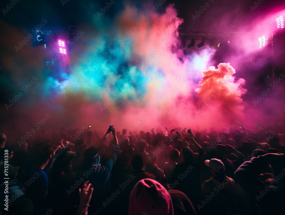 Fiesta de electrónica con Dj y gente bailando y disfrutando de la música con luces, humo y polvo de colores