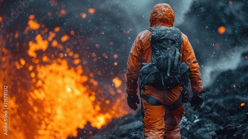 Courageous Volcanologist in Action: Collecting Critical Lava Samples Near an Erupting Volcano, Fully Equipped with Heat-Resistant Safety Gear