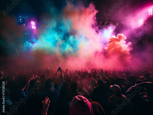 Fiesta de electrónica con Dj y gente bailando y disfrutando de la música con luces, humo y polvo de colores