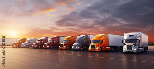 A fleet of heavy-duty trucks lined up at a logistics center