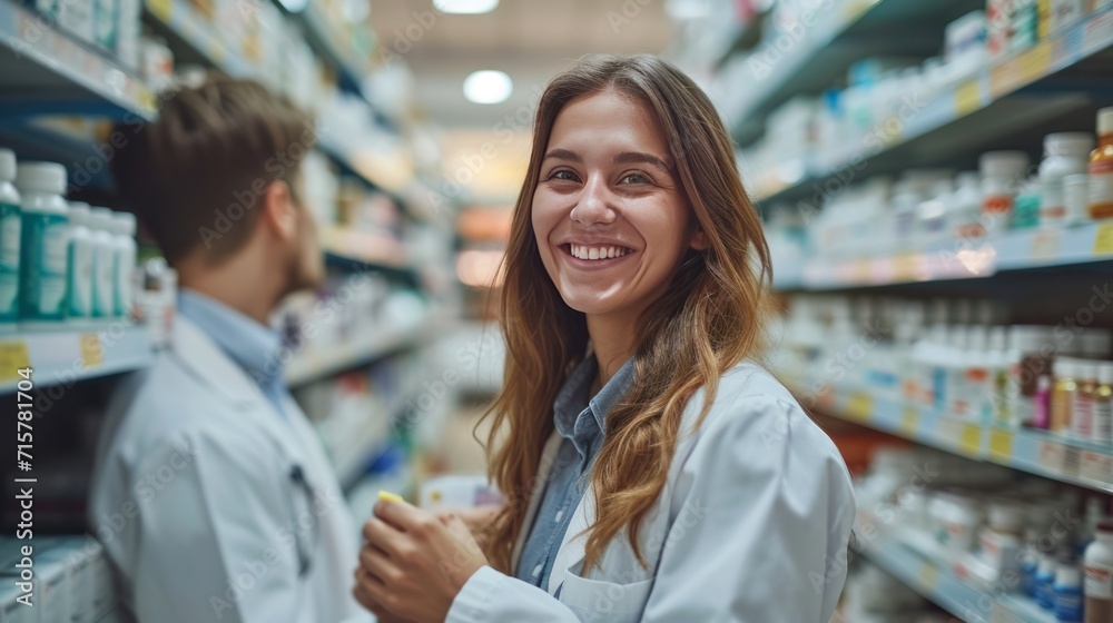 Happy woman chooses medicine with help of young pharmacist in drugstore, generative ai