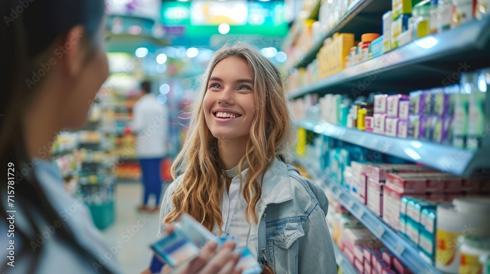Happy woman chooses medicine with help of young pharmacist in drugstore, generative ai Happy woman chooses medicine with help of young pharmacist in drugstore, generative ai