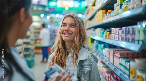 Happy woman chooses medicine with help of young pharmacist in drugstore, generative ai