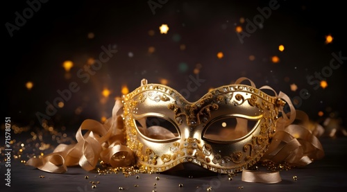 Carnival mask with golden confetti and ribbons on dark background.