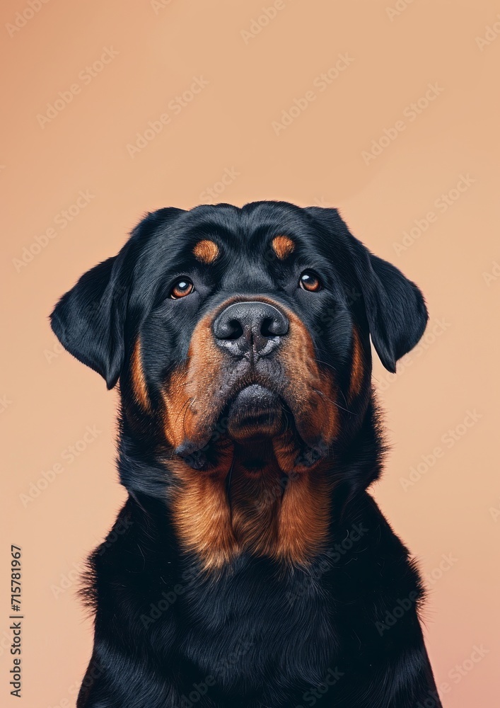 Fototapeta premium Rottweiler dog on a peach background in the studio.