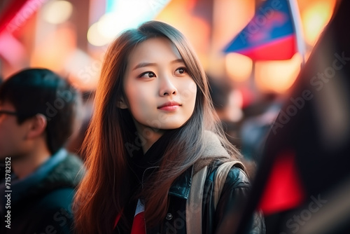 Beautiful young asian woman in the city at night. Portrait.