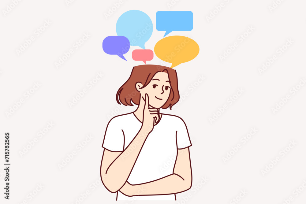 Thoughtful smiling woman coming up with graduation speech, standing with dialogue bubbles above head. Thoughtful girl with positive emotions recalls messages from friends on social networks Thoughtful smiling woman coming up with graduation speech, standing with dialogue bubbles above head. Thoughtful girl with positive emotions recalls messages from friends on social networks