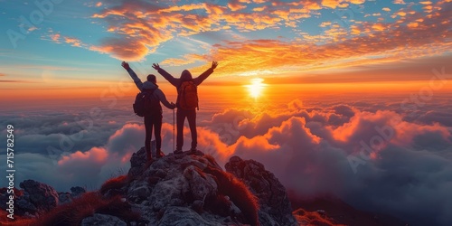 Hikers with arms raised up on mountaintop celebrating success at breathtaking sunrise