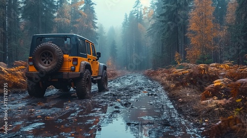 Off road car in a forest on a rainy day, generative ai © Krisana