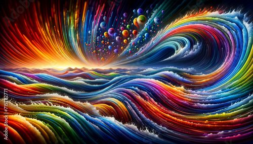 abstract representation of water and rainbows with waves and droplets in vibrant colors