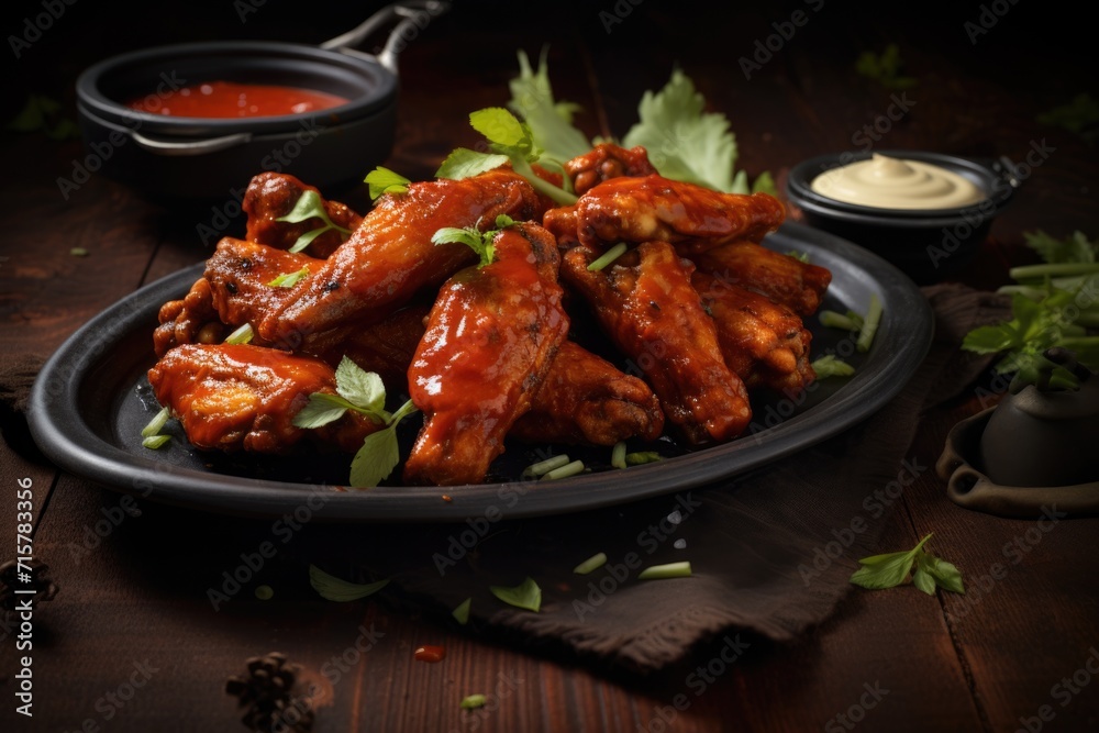 Buffalo chicken wings with hot sauce and dressing on dark wooden background