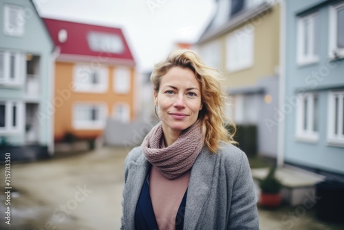 Portrait of a middle aged confident woman standing in front of houses