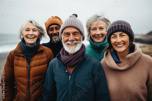 Portrait of diverse senior people on the cold beach