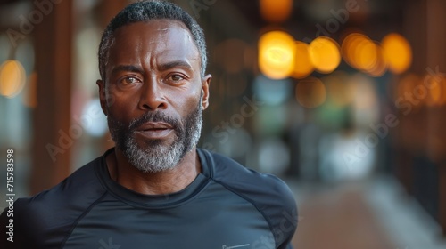 Portrait of a middle-aged black man while running inside a gym generative ai