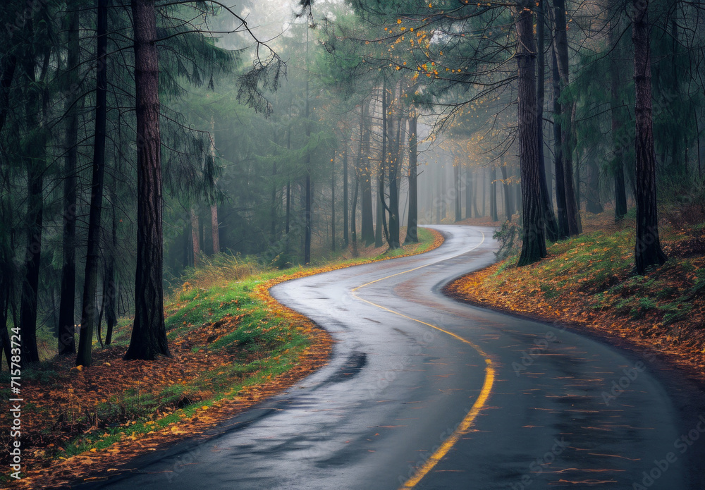 Highway, road and street view of a path through the forest for vacation, adventure and transportation. Clean, green and jungle landscape for environment, sustainability and ecology background