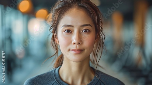 Portrait of Chinese woman while running inside a gym generative ai photo
