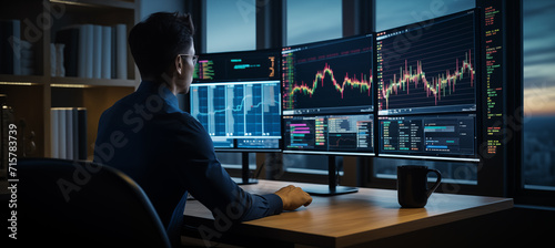 Businessman analyzing stock market data on the computer screen at night.