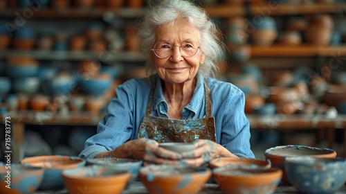 Senior woman kneading clay in bowl shape at the workshop, generative ai photo