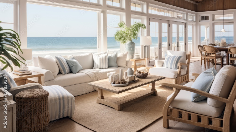 Obraz premium beautiful small space casual living family room soft neutral wood beams and a gorgeous grouping of swivel color fabric chairs around a striking coffee table coastal design nature freshness home