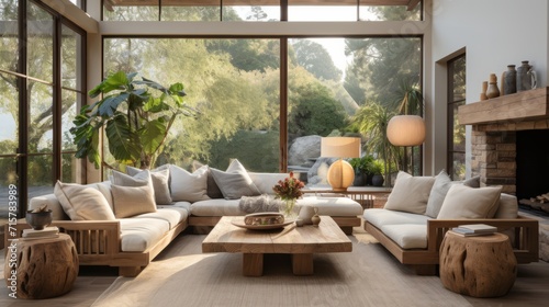 beautiful small space casual living family room soft neutral wood beams  and a gorgeous grouping of swivel color fabric chairs around a striking coffee table coastal design nature freshness home photo