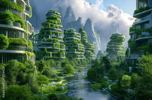 Architecture, sustainability or construction with apartment and business buildings city for carbon footprint, environment and futuristic. Green, glass and eco friendly with town for ecology and plant © MalamboBot/Peopleimages - AI
