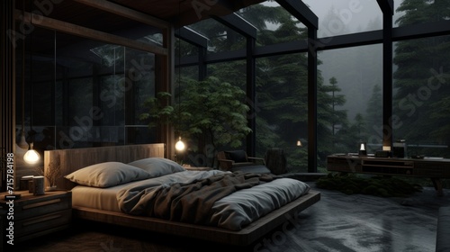 Cozy and comfy Modern Aesthetic bedroom in the forest