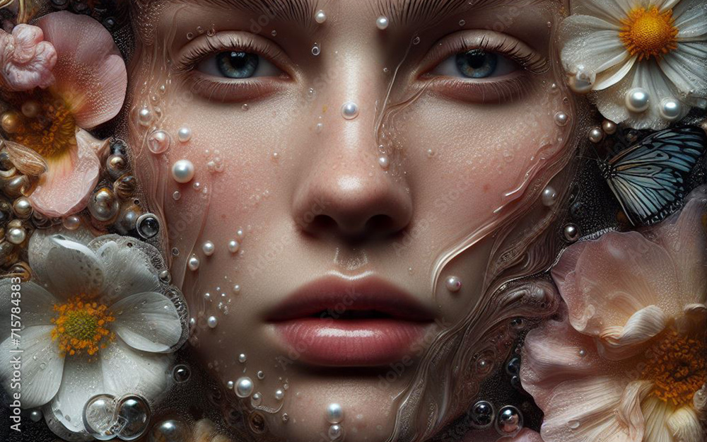 Obraz premium girl face floats above the surface of the water Surrounded by many kinds of flowers realistic fantasy pictures