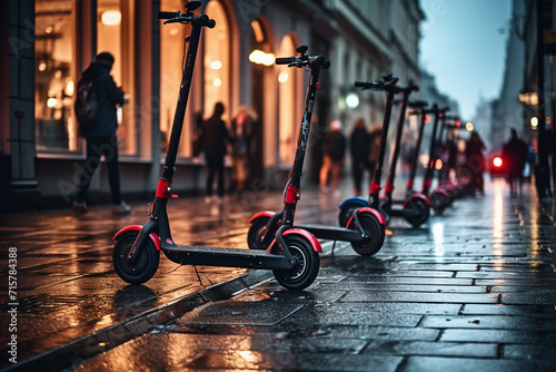 parking of electric scooters on wet pavement in the evening