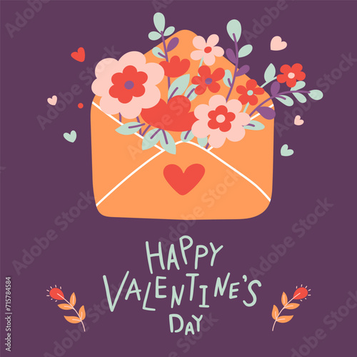 Valentines day card. Letter with flowers and hand lettering on purple background. Flat style. Cartoon vector illustration