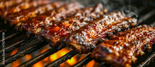 A mouth-watering platter of succulent ribs sizzling on a charcoal grill, showcasing the flavorful diversity of global cuisine from churrasco to kebab to yakitori