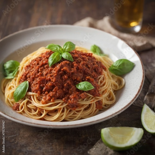 Spaghetti with tomato meat sauce and basil. 