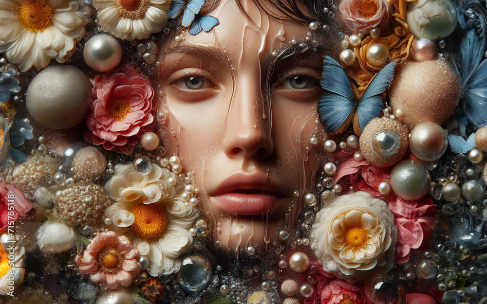 girl face floats above the surface of the water Surrounded by many kinds of flowers realistic fantasy pictures