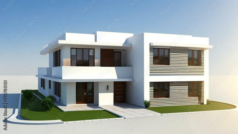 3d house model of white and grey modern minimal background. Real estate concept.