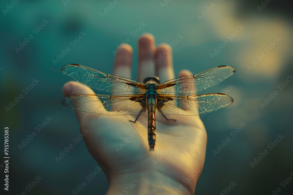 Obraz premium a dragonfly, insect on a person’s hand, top view, in the style of light yellow and blue, chilling creatures, symbol of change