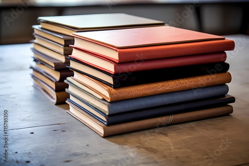 A stack of stylish leather-bound notebooks  waiting to be filled with creativity and ideas.