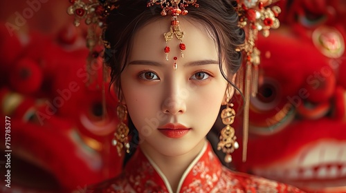 A Chinese young woman in traditional costumes with lion dancers. generative ai