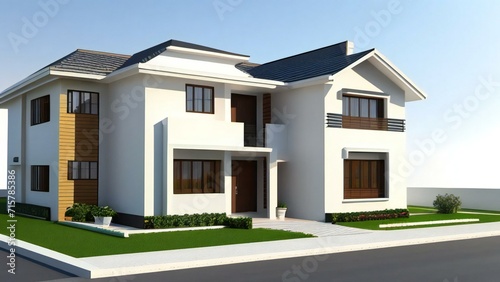 3d house model of white and grey modern minimal background. Real estate concept. © home 3d