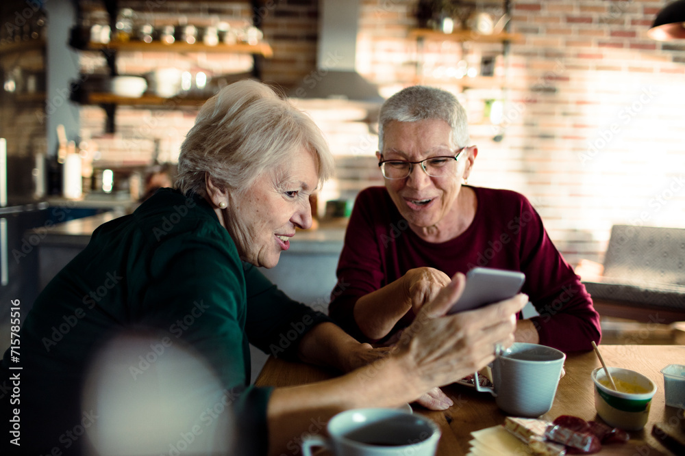 Two senior women having breakfast together and using smartphone at home Two senior women having breakfast together and using smartphone at home