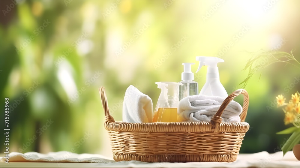 A basket with cleaning products on a natural background.