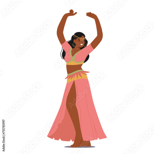 Graceful Eastern Woman Sways Sensuously, Adorned In Vibrant Fabrics. Her Rhythmic Belly Dance Mesmerizes, Vector