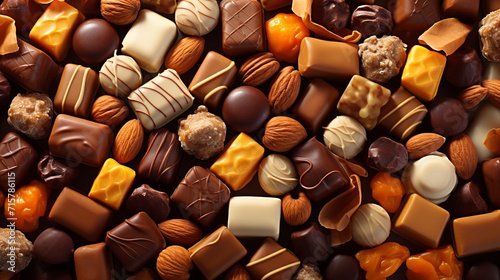 Captivating top view of tempting chocolate candy assortment for sweet indulgence and enjoyment.