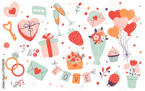 Valentines day elements vector set. Gifts  hearts  envelopes  desserts  floral bouquets and locks isolated on white bacground. Flat style. Cartoon vector illustration