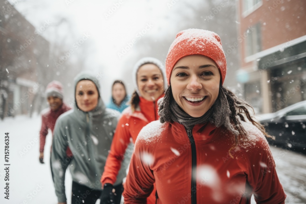 Smiling portrait of young female runners in the city during snow Smiling portrait of young female runners in the city during snow
