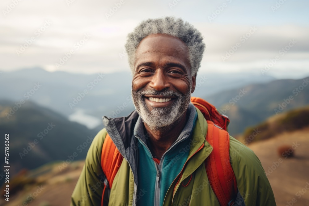 Portrait of a smiling senior man hiking in the mountains