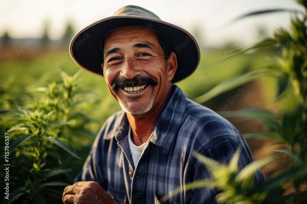 Smiling farmer with cannabis plants Smiling farmer with cannabis plants