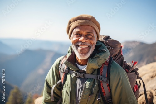 Portrait of a smiling senior man hiking in the mountains