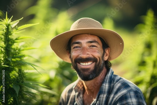 Smiling farmer with cannabis plants