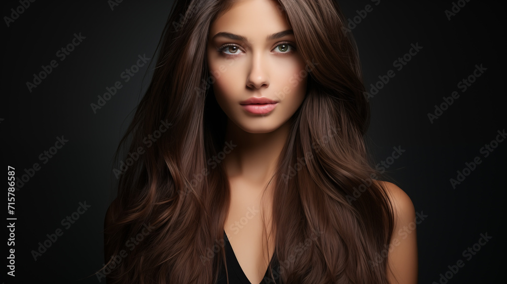Beautiful young woman with long curly brown hair and smoky eye makeup ...