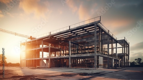 building under construction with a beautiful sunset with clouds photo