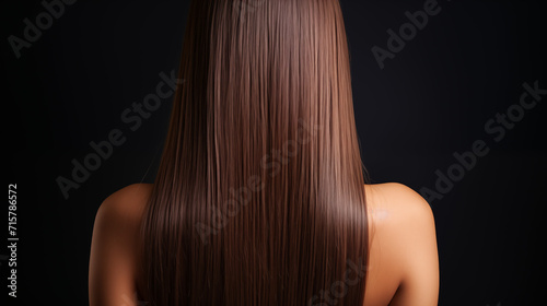 Woman, back or hair style on brown background in relax studio for keratin treatment, self care wellness or color dye routine. beautiful woman with long straight brown hair